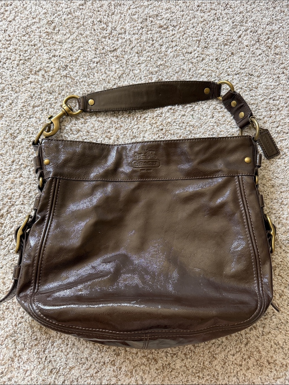 Coach Dark Brown Leather Shoulder Bag with Brass Hardware